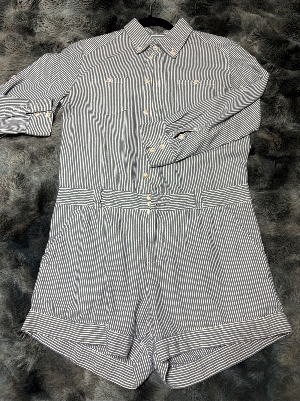 Striped Button-Front Short Sleeve Romper in Blue/White